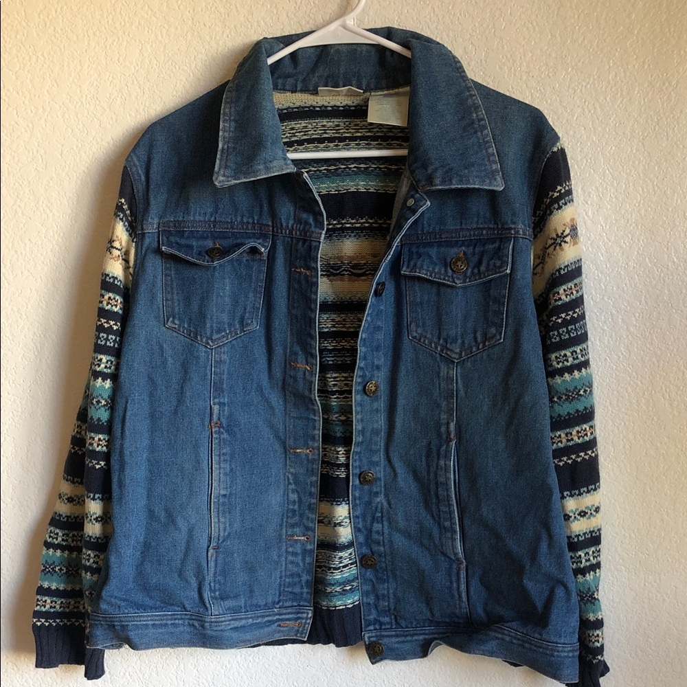 Faded Glory Womens Denim Fair Isle Knit Mixed Media Jacket Blue Plus 14W 16W